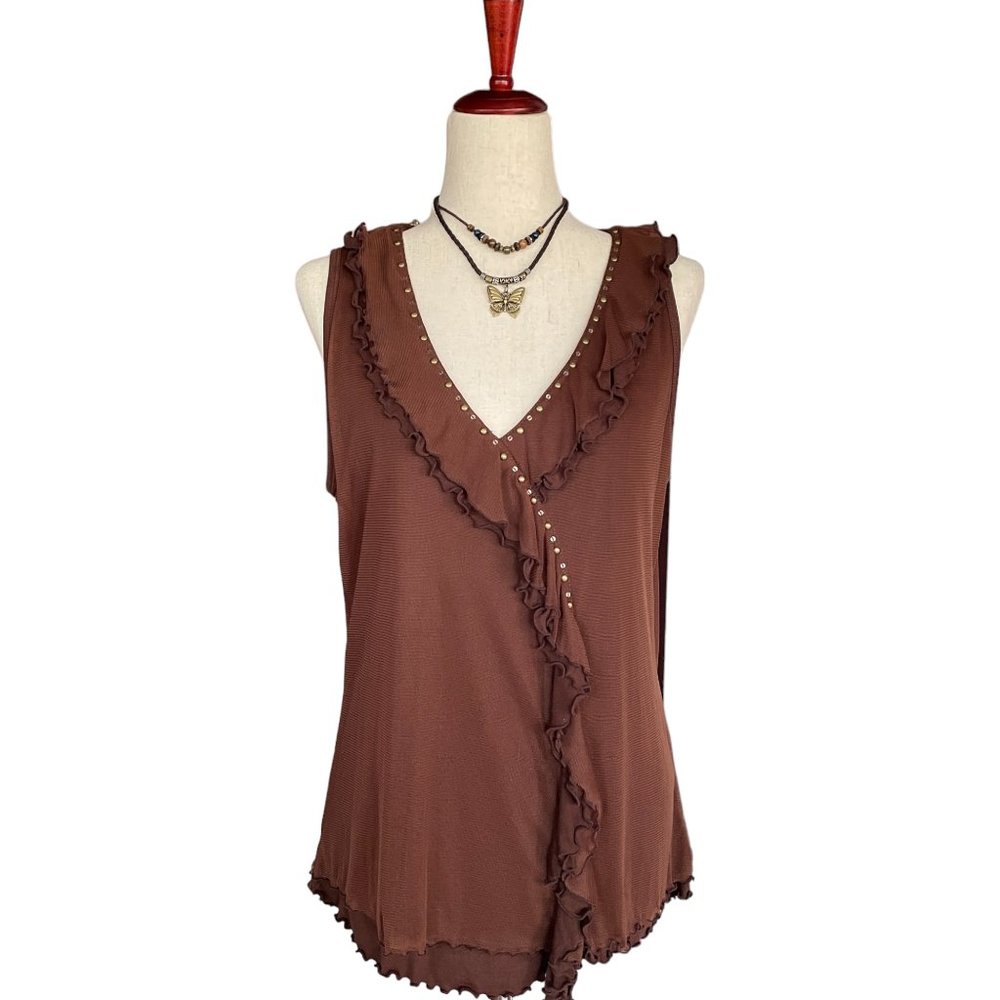 Vintage y2k Boho Tank Brown Mesh Stud Sequin Detail Size XL